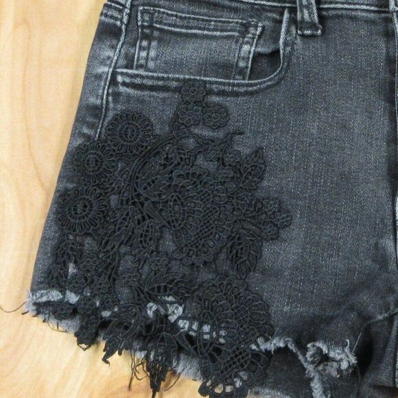 AMERICAN EAGLE Hi-Rise Shortie Womens Size 0 Black Lace Ripped Denim Jean Shorts - Picture 2 of 14